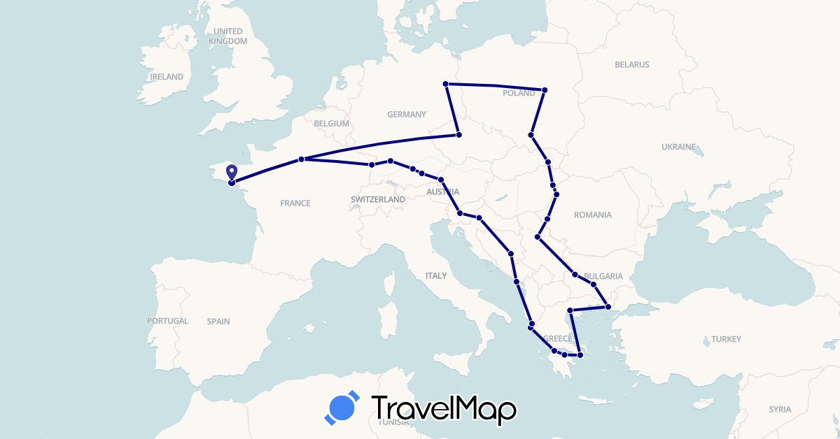 TravelMap itinerary: driving in Albania, Austria, Bosnia and Herzegovina, Bulgaria, Czech Republic, Germany, France, Greece, Croatia, Hungary, Montenegro, Poland, Romania, Serbia, Slovenia, Slovakia (Europe)